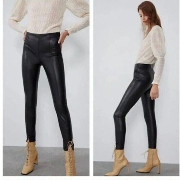 Zara Faux Leather High Rise Zipper Ankle Black Pants Women Size L - Picture 1 of 8